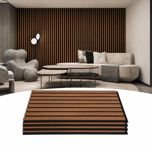 1x8 Walnut Wood Slat Acoustic Wall Panel - Black Felt (4-Pack)