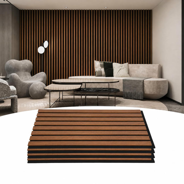 2x2 Walnut Wood Slat Acoustic Wall Ceiling Panel - Black Felt (4-Pack)